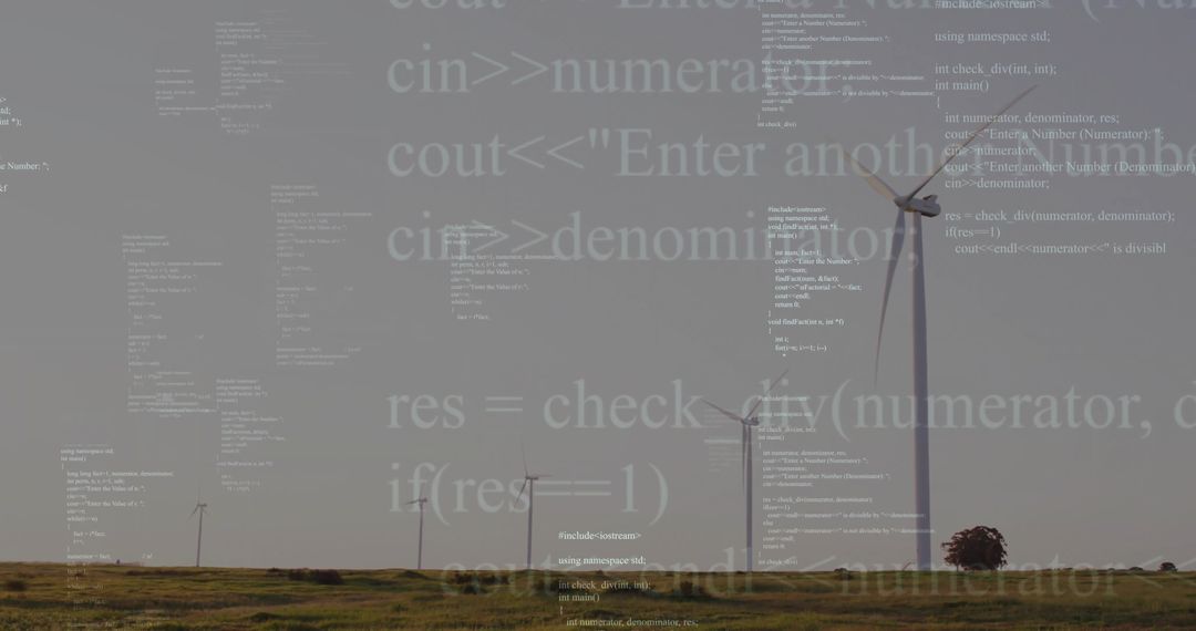 Wind Turbine on Landscape Merged with Floating Code
