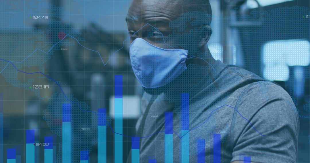 Man in Gym Sneezing Behind Mask with Data Overlay