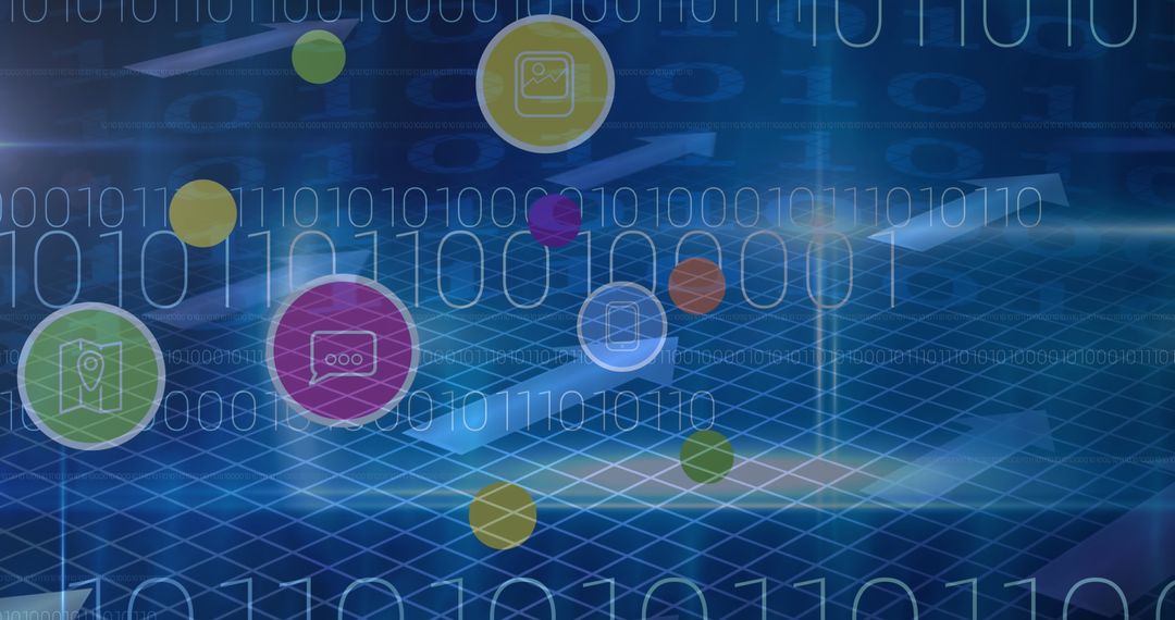 Digital Icons and Binary Code Overlapping Blue Background