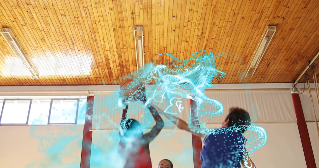 Participants Engaging with Vibrant Holographic Projection