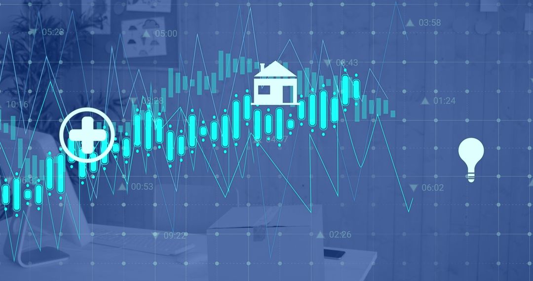 Financial Data Visualization with Technology Icons on Office Desk