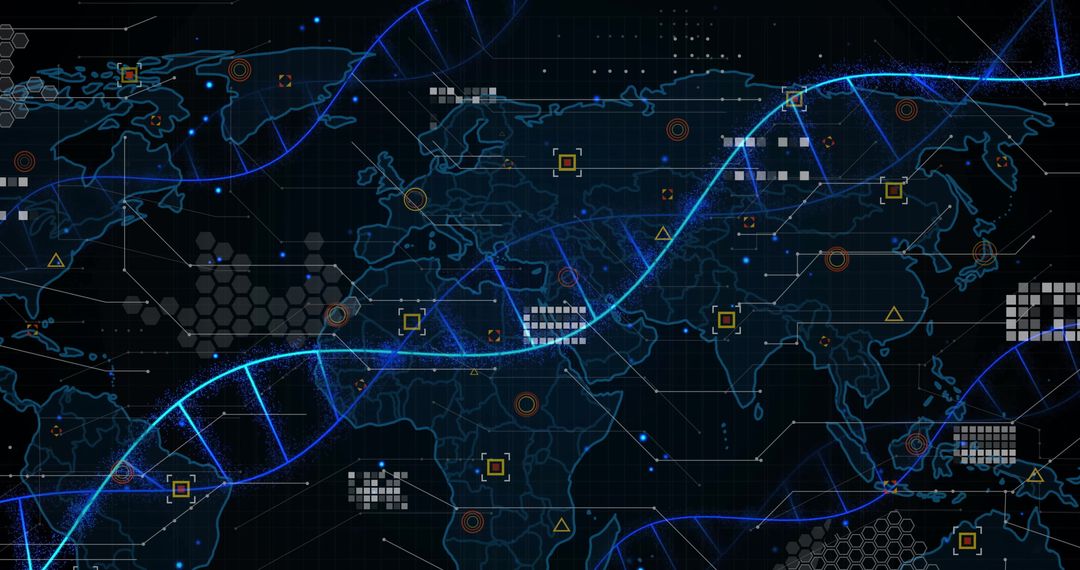 Futuristic Digital Helix over World Map Interface