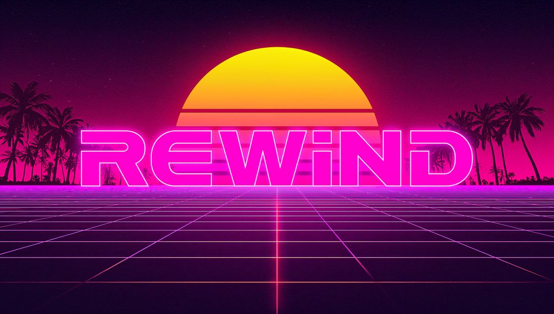 Neon REWIND Retro Sunset on Purple Grid with Palm Silhouettes and Vaporwave Glow