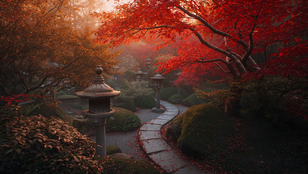 Serene Stone Path in Tranquil Temple Garden with Autumn Foliage