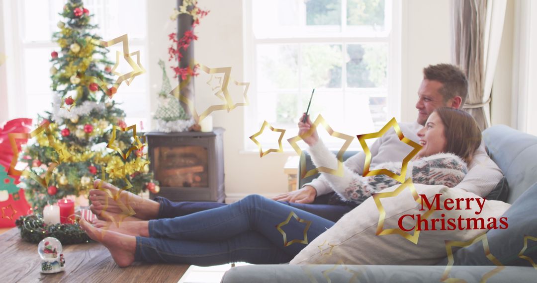 Couple Enjoying Cozy Christmas at Home Taking Selfie with Decorated Tree