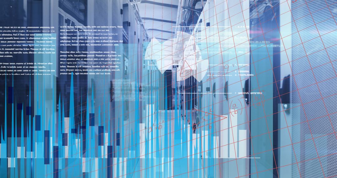 Data Flow in Server Room with Digital Interface Overlay