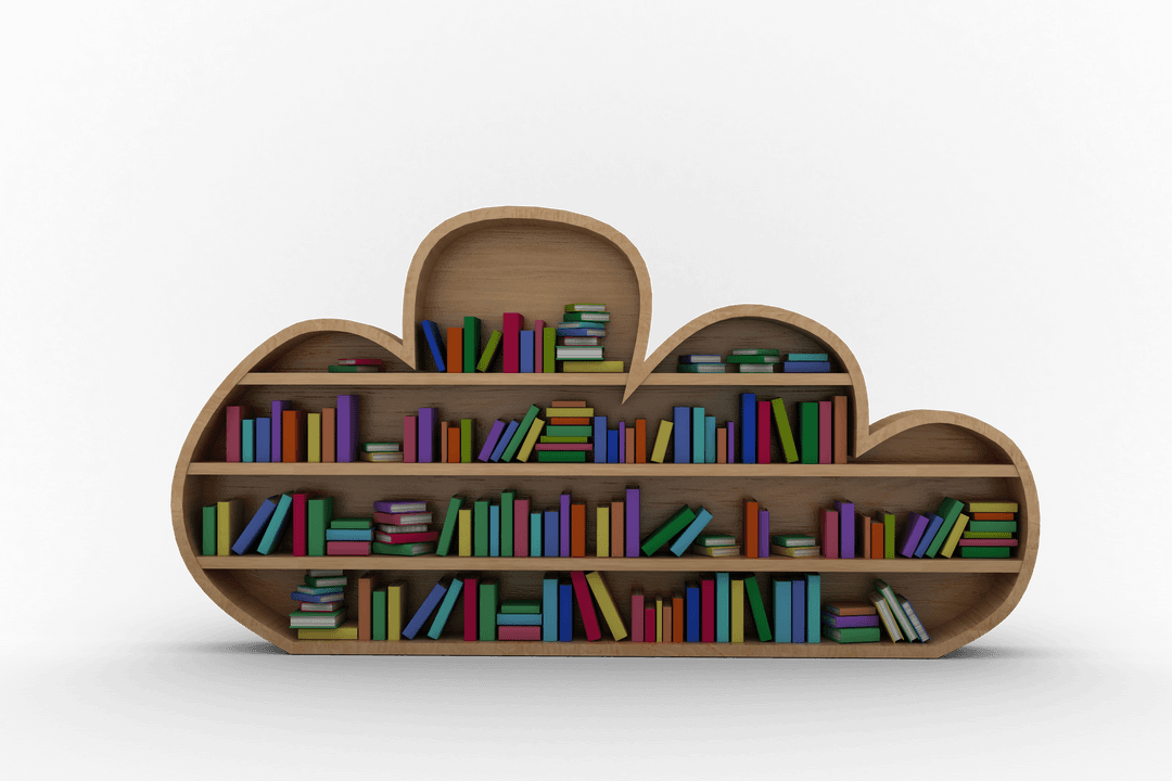 Colorful Assortment of Books on Unique Wooden Cloud Shelves Transparent