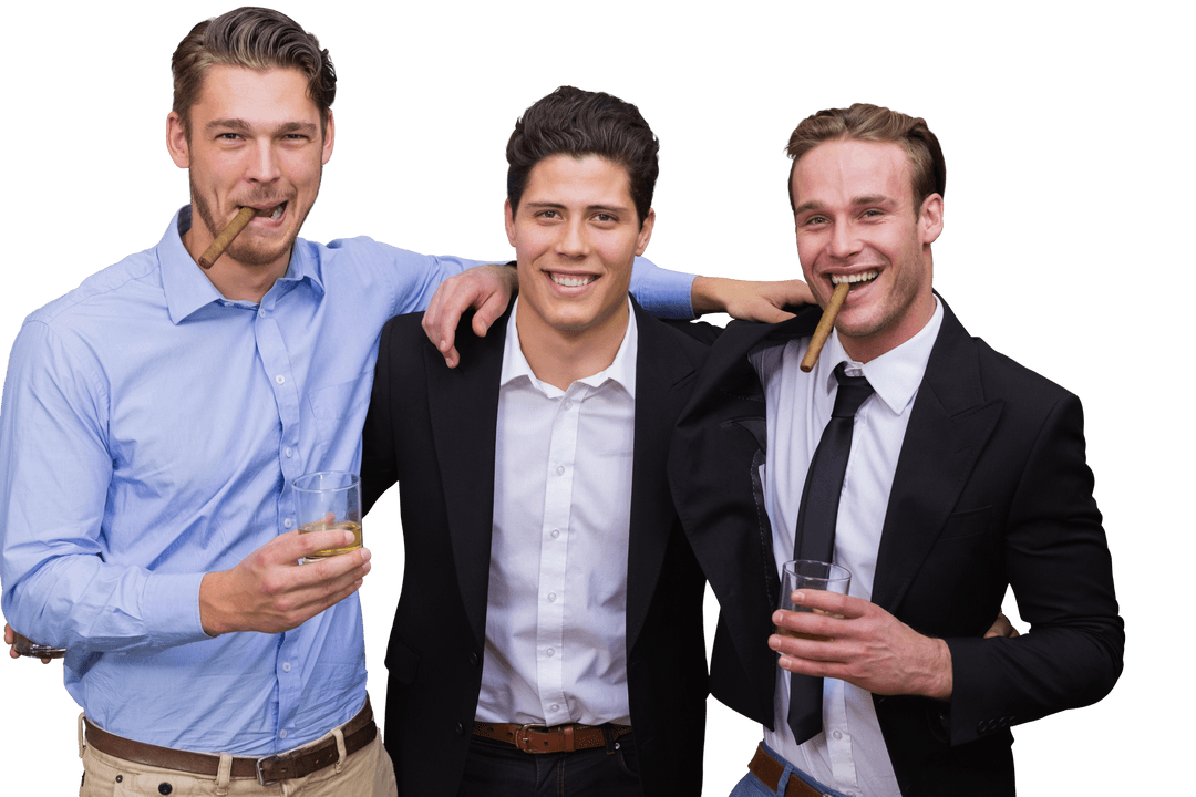 Diverse Businessmen Celebrating with Cigars and Drinks on Transparent Background