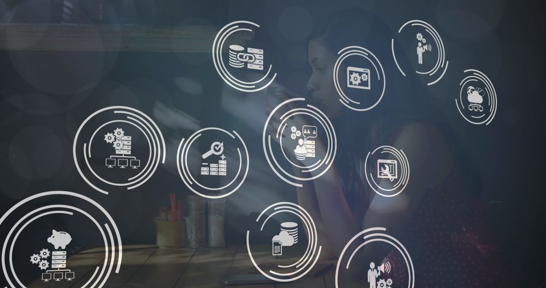 Digital Finance and Tech Overlay with Woman Drinking Coffee