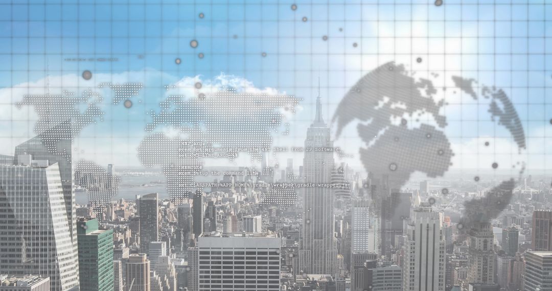 Digital World Map Overlay on Corporate Cityscape