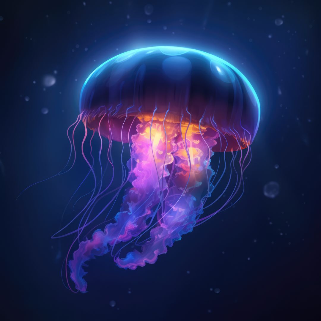 Close up of blue glowing jellyfish underwater, created using generative ai technology - Free Images, Stock Photos and Pictures on Pikwizard.com