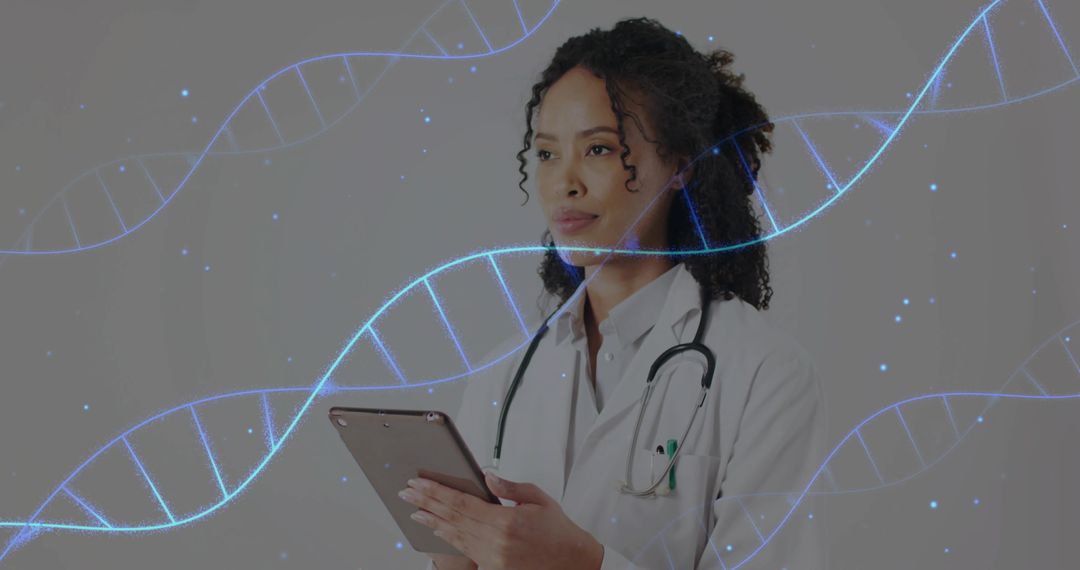 Doctor Analyzing Data with DNA Helix Graphic for Genetic Research Concept
