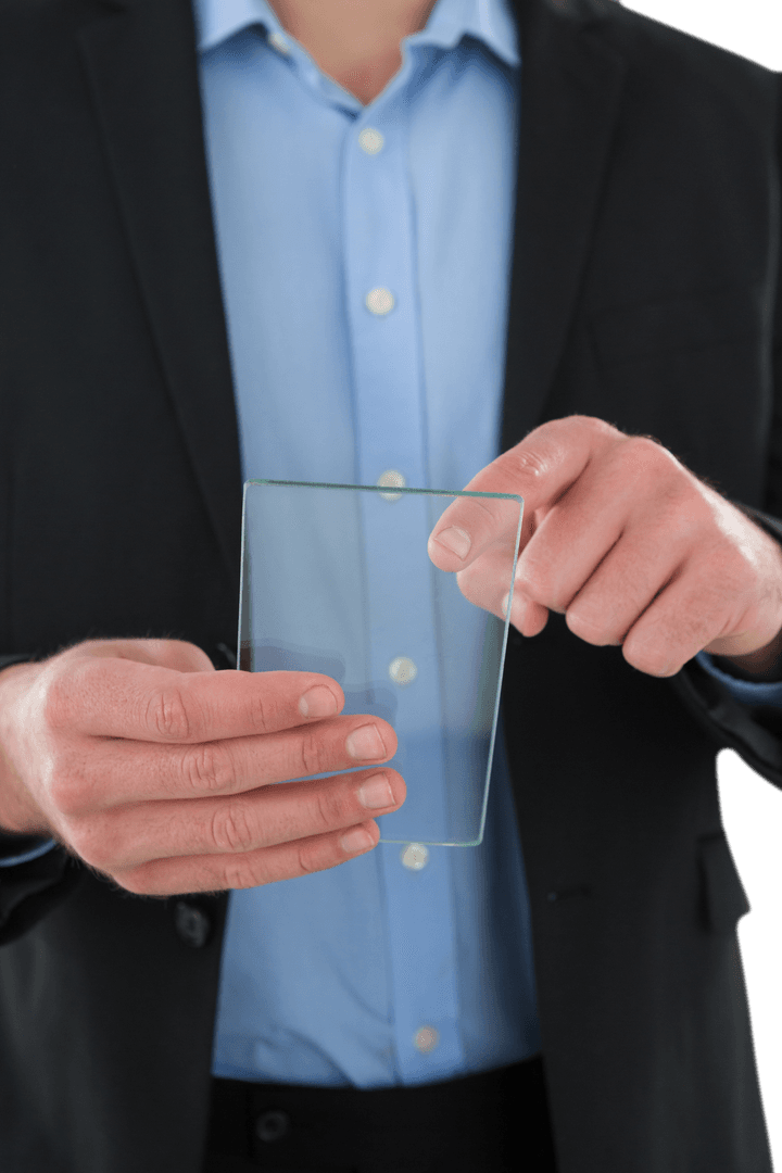 Businessman Utilizing Transparent Glass Interface Technology