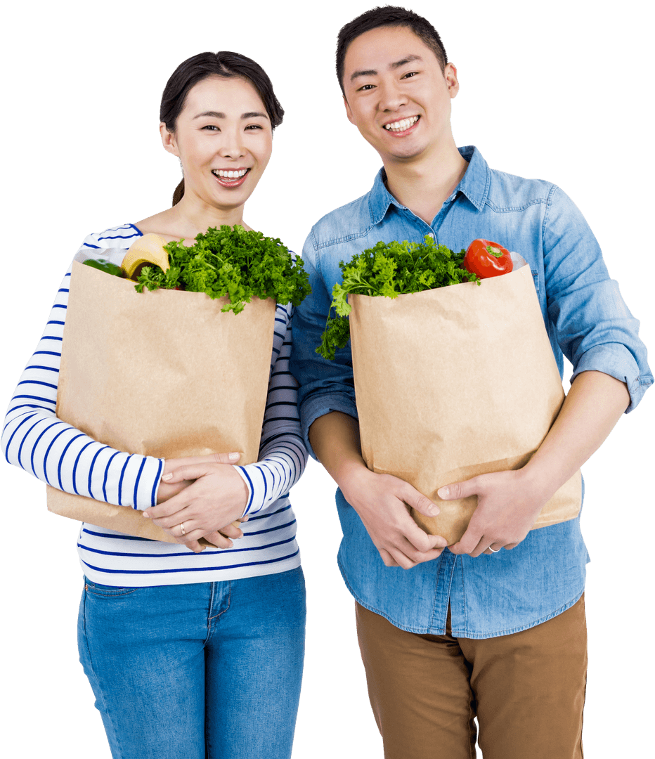 Transparent Couple Smiling With Grocery Bags Full of Fresh Vegetables