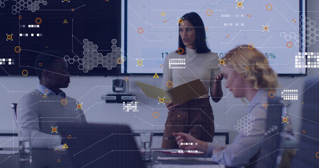 Businesswoman Presenting Data Visuals with Modern Technology Overlay