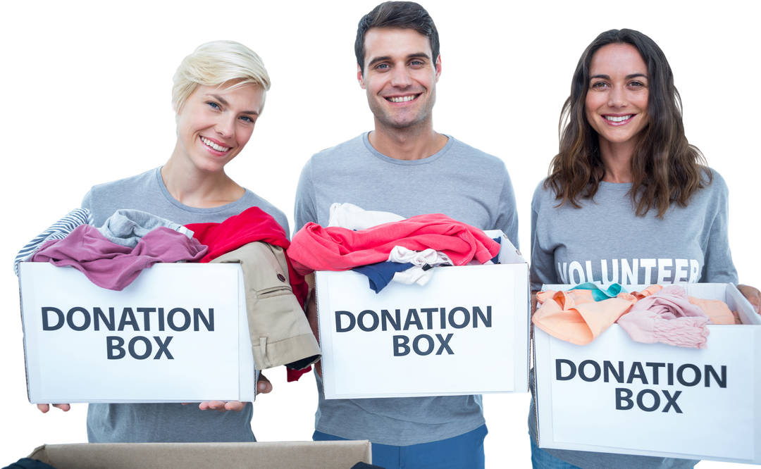 Volunteers with Donation Boxes Wearing Casual Clothing on Transparent Background - Download Free Stock Images Pikwizard.com