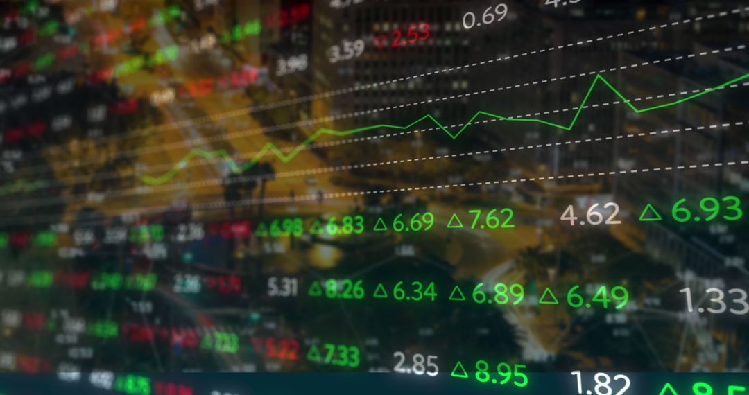 Digital Financial Data Overlaying Illuminated Cityscape