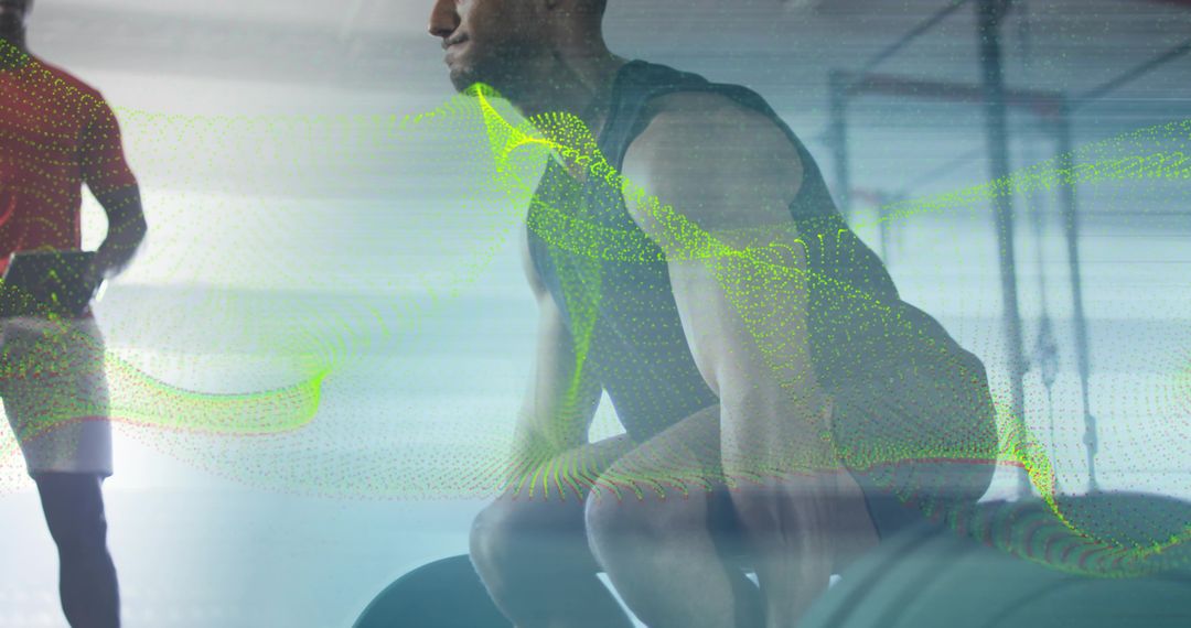 Man lifting heavy barbell in gym with neon motion data overlay, strength training focus