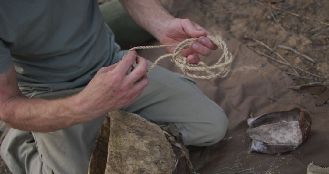 Caucasian male survivalist preparing tinder from twine to make fire at camp in wilderness - Free Images, Stock Photos and Pictures on Pikwizard.com