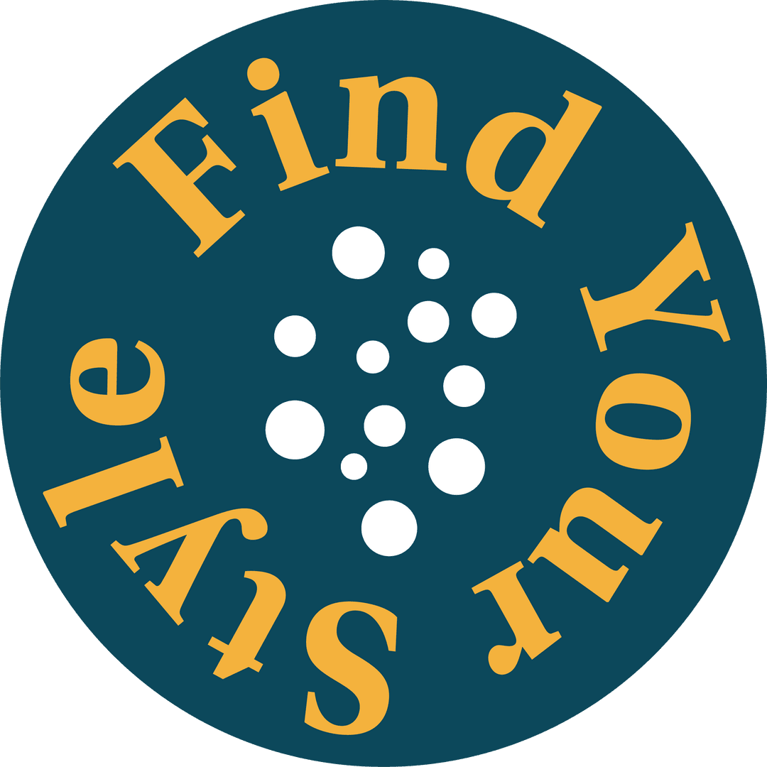 Transparent Badge with Yellow Text and White Dots on Dark Blue Circle