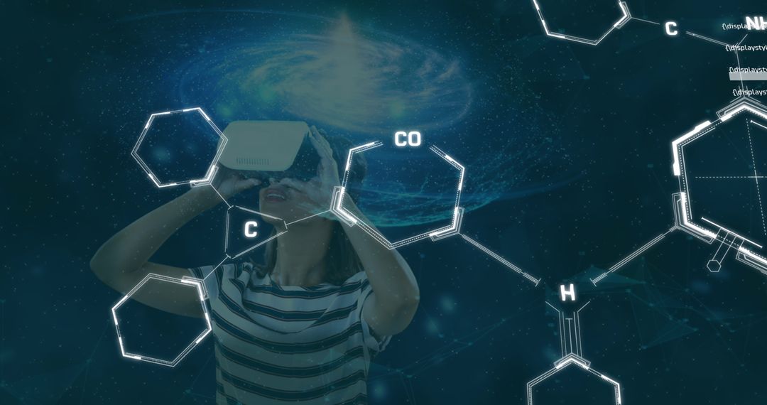 Woman Using VR Headset with Medical Animations and Galaxy Background