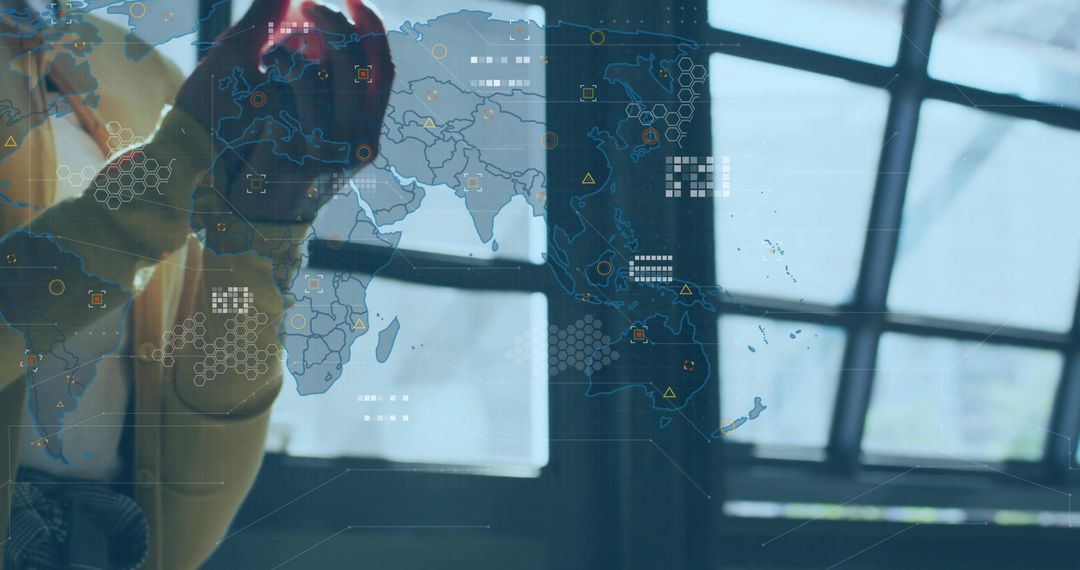 Pressing Gloved Finger on High-Tech Map Interface in Modern Command Center