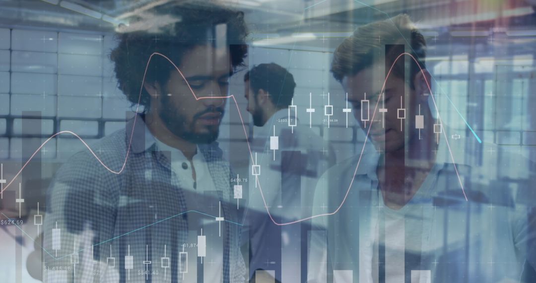 Business Professionals Analyzing Financial Data with Futuristic Overlay