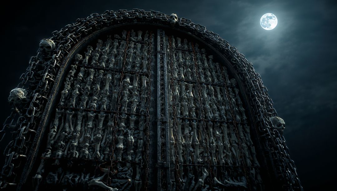 Gothic Cyclopean Skeletal Gate Under Full Moon
