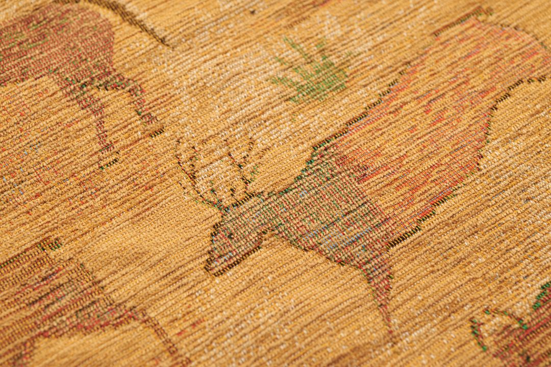 Handwoven Wool Rug Featuring Stylized Deer Motif, Warm Golden Tones for Rustic Decor