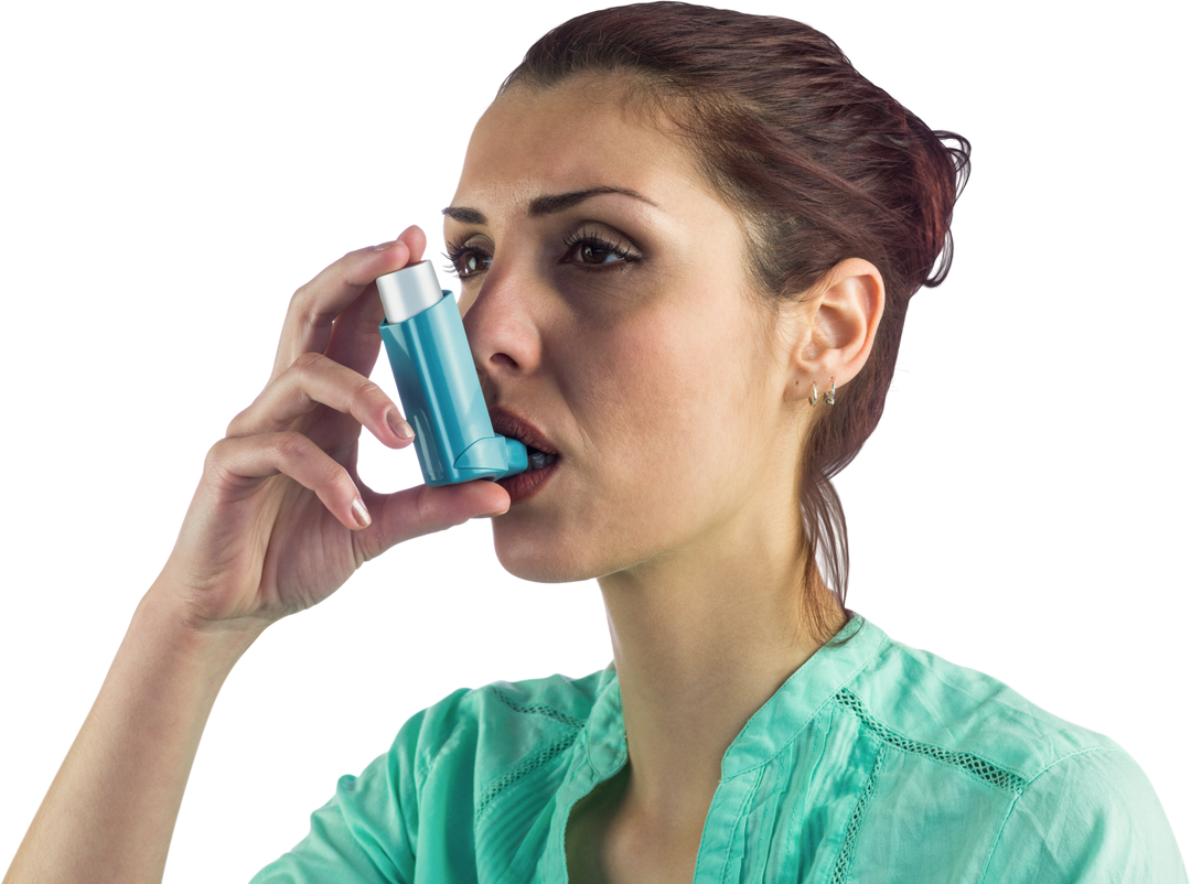 Transparent background portrait of woman using inhaler for asthma management - Download Free Stock Images Pikwizard.com