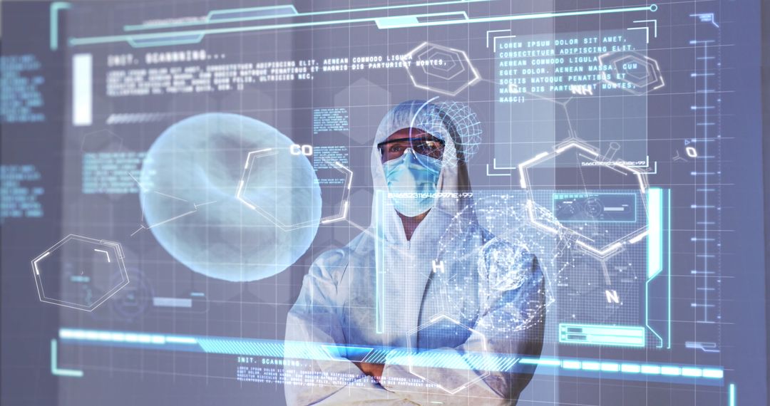Medical Technology Expert in PPE Suit with Digital Interface Overlay