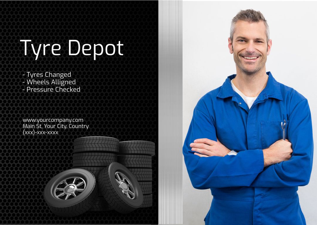 Confident Mechanic Promoting Tire Services at Auto Shop - Download Free Stock Templates Pikwizard.com