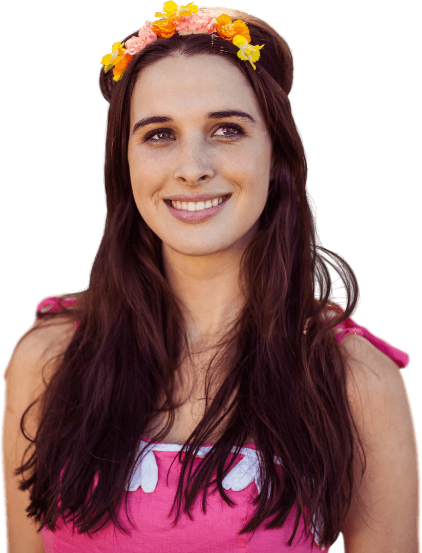 Smiling Young Woman with Flower Crown Transparent Background