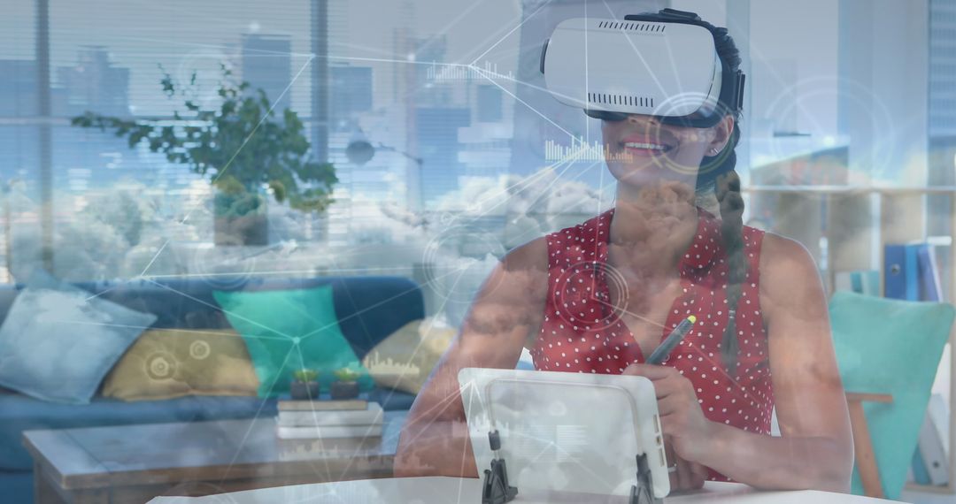 Woman Experiencing Virtual Reality with Futuristic Overlay