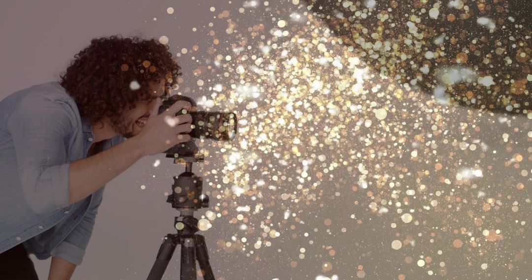 Photographer Adjusts DSLR with Glitter Bokeh Effect in Studio