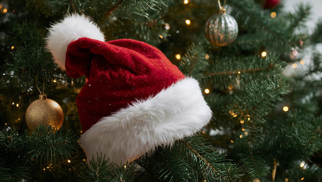 Santa Hat Resting on Christmas Tree with Gold Bauble and Warm Bokeh Lights