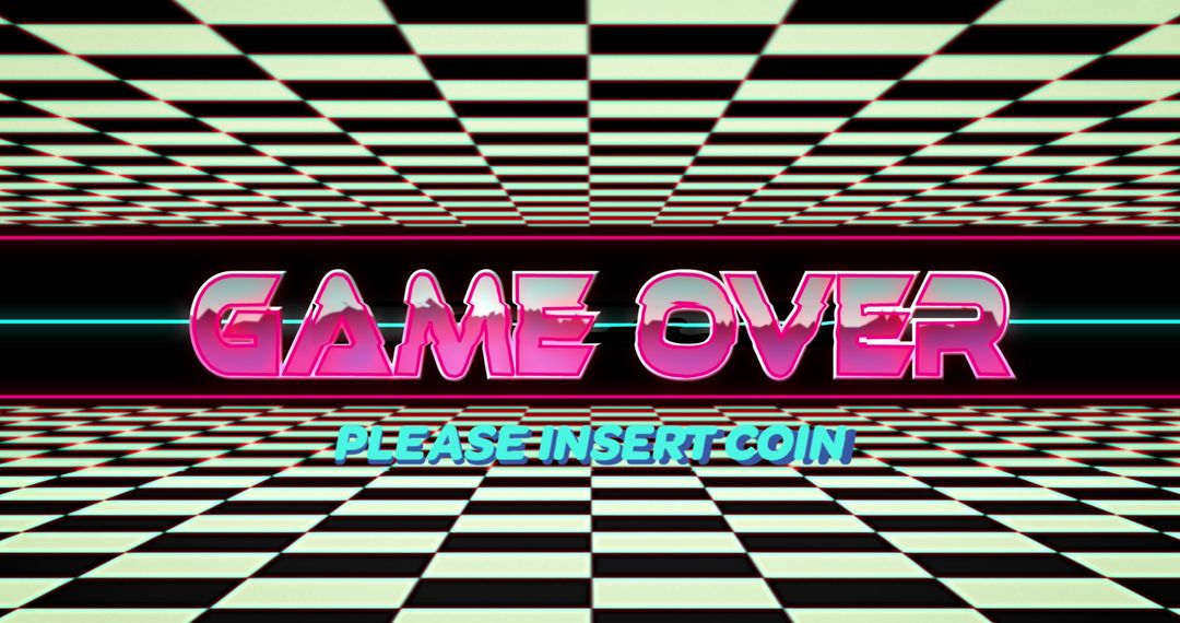 Retro Game Over Screen with Neon Text and Checkerboard Background