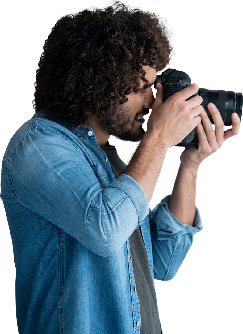 Curly Haired Male Photographer Focusing with Transparent Background - Download Free Stock Images Pikwizard.com