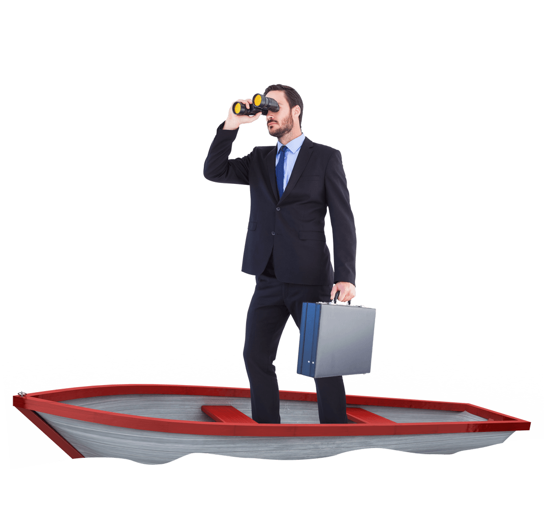 Businessman on Small Boat Holding Briefcase and Binoculars