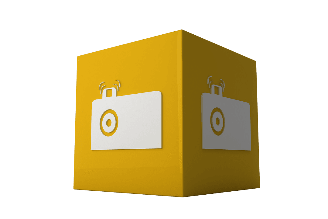 Transparent 3D Yellow Cube with Camera Icon Design