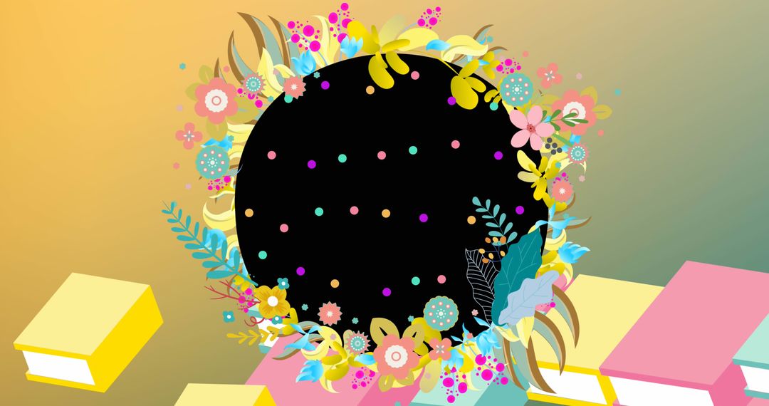 Abstract Black Globe with Flowers and Books on Gradient Background