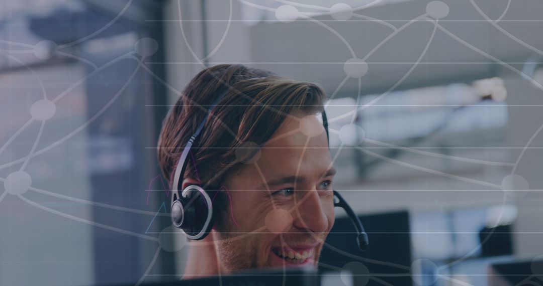 Smiling Call Center Worker with Virtual Global Network Symbolism