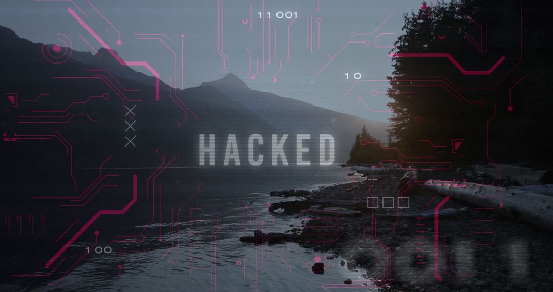 Digital Security Breach Overlayed on Serene Landscape