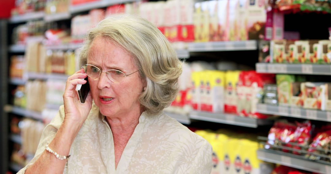 Worried Senior Woman Calls on Smartphone in Grocery Store - Free Images, Stock Photos and Pictures on Pikwizard.com