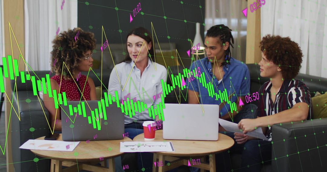 Diverse Team Analyzing Data with Digital Graph Overlay