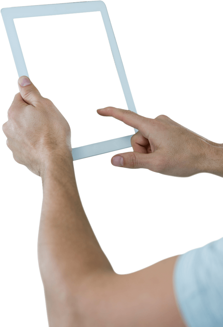 Hands Holding transparent Modern Tablet on White Background