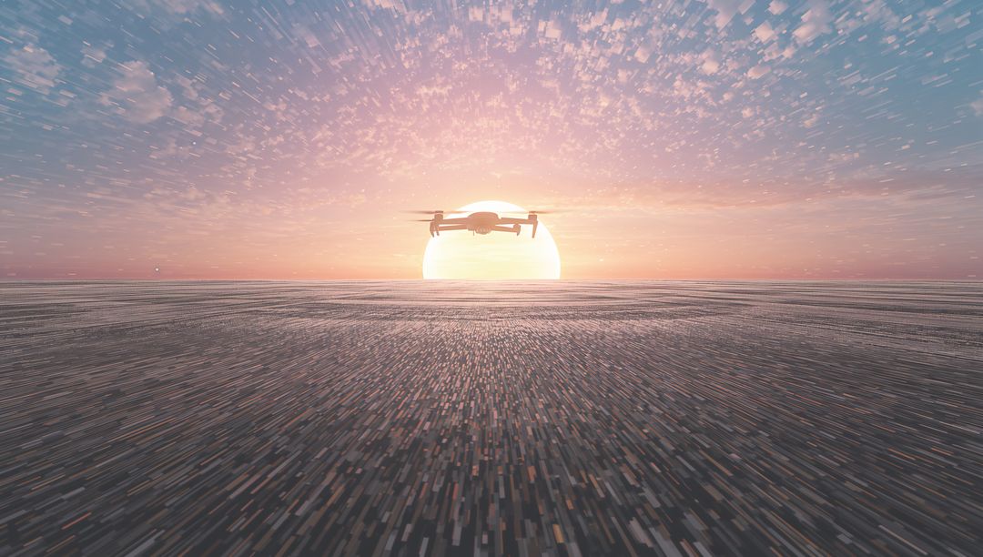 Backlit Quadcopter Hovering Over Pixelated Mosaic Plain at Sunset