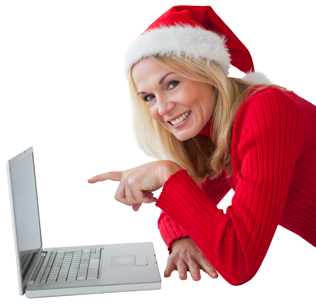 Smiling Woman in Santa Hat Using Laptop, Transparent Background - Download Free Stock Images Pikwizard.com