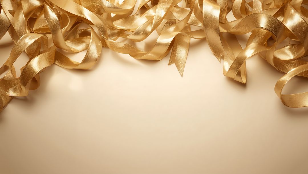 Cascading Metallic Gold Ribbons Creating Festive Top-Edge Border on Warm Beige Background