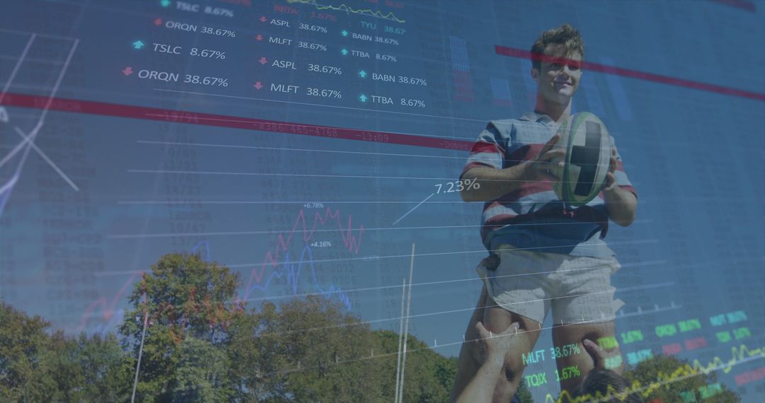 Rugby Player with Overlayed Stock Market Graphs
